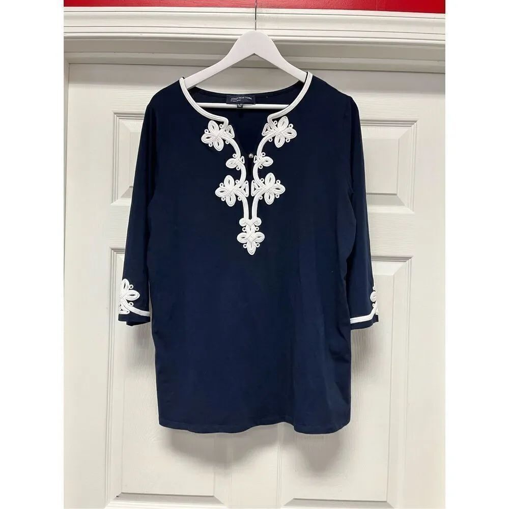 Jones New York Signature Navy & White Appliqué Tunic Top sz XL NWOT